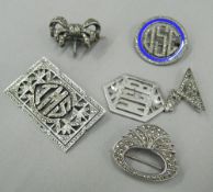 Five silver marcasite brooches