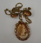 A 9 ct gold framed cameo pendant on chain and a pair of earrings en-suite (11.