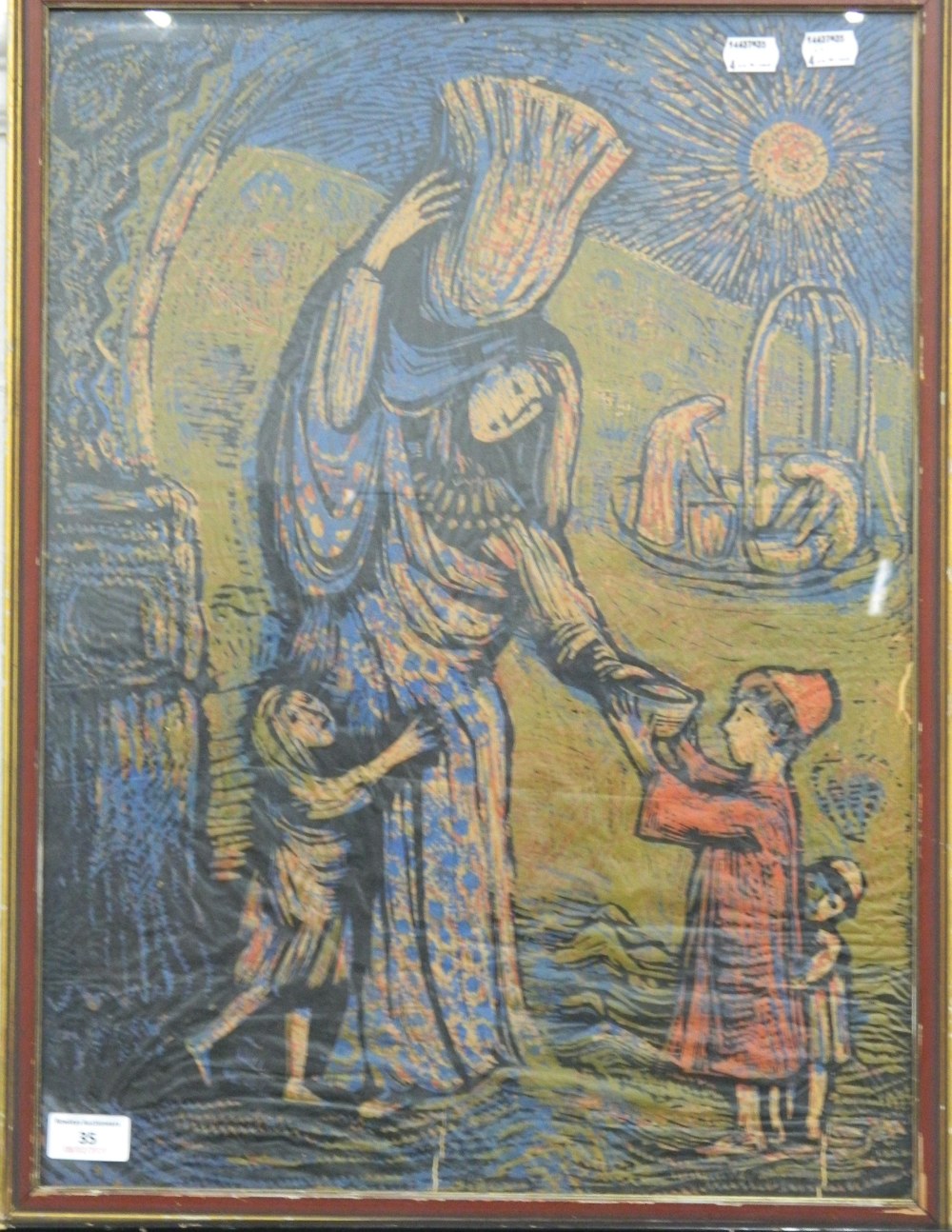 Family at the Well, linocut on rice paper, framed and glazed. 41 x 56 cm. - Image 2 of 2