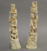 Two late 19th century Japanese carved ivory okimonos. 23 and 21 cm high respectively.