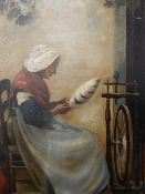ENGLISH SCHOOL, British, Old Lady Spinning, oil on board, unsigned, framed. 35 x 45 cm.