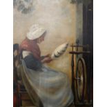 ENGLISH SCHOOL, British, Old Lady Spinning, oil on board, unsigned, framed. 35 x 45 cm.