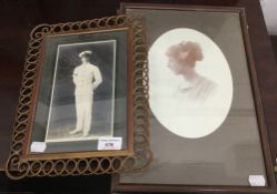 A Victorian brass photograph frame and two Edwardian framed photographs