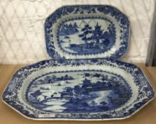 Two 18th century Chinese blue and white porcelain meat plates. The larger 41.5 x 34 cms.