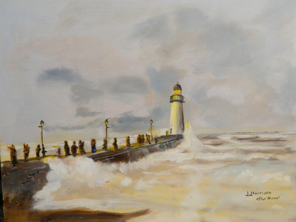 J HARRISON (20th/21st century) British, Pier and Lighthouse, oil on board, signed, unframed.