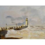 J HARRISON (20th/21st century) British, Pier and Lighthouse, oil on board, signed, unframed.