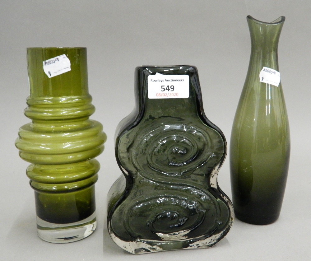 A Whitefriars glass vase and two others