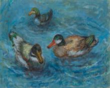 PEGGY GEDYE (20th century) British, Ducks, oil on canvas, signed with initials, framed. 50 x 40 cm.