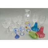 A quantity of etched and coloured glassware