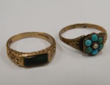 A 9 ct gold turquoise and seed pearl ring and another (2.