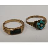 A 9 ct gold turquoise and seed pearl ring and another (2.