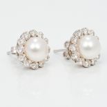 A pair of fine quality 18 ct white gold pearl and diamond earrings Each of circular form,