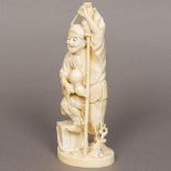 A late 19th century Japanese ivory okimono Modelled as a gentleman holding a brush and a gourd,