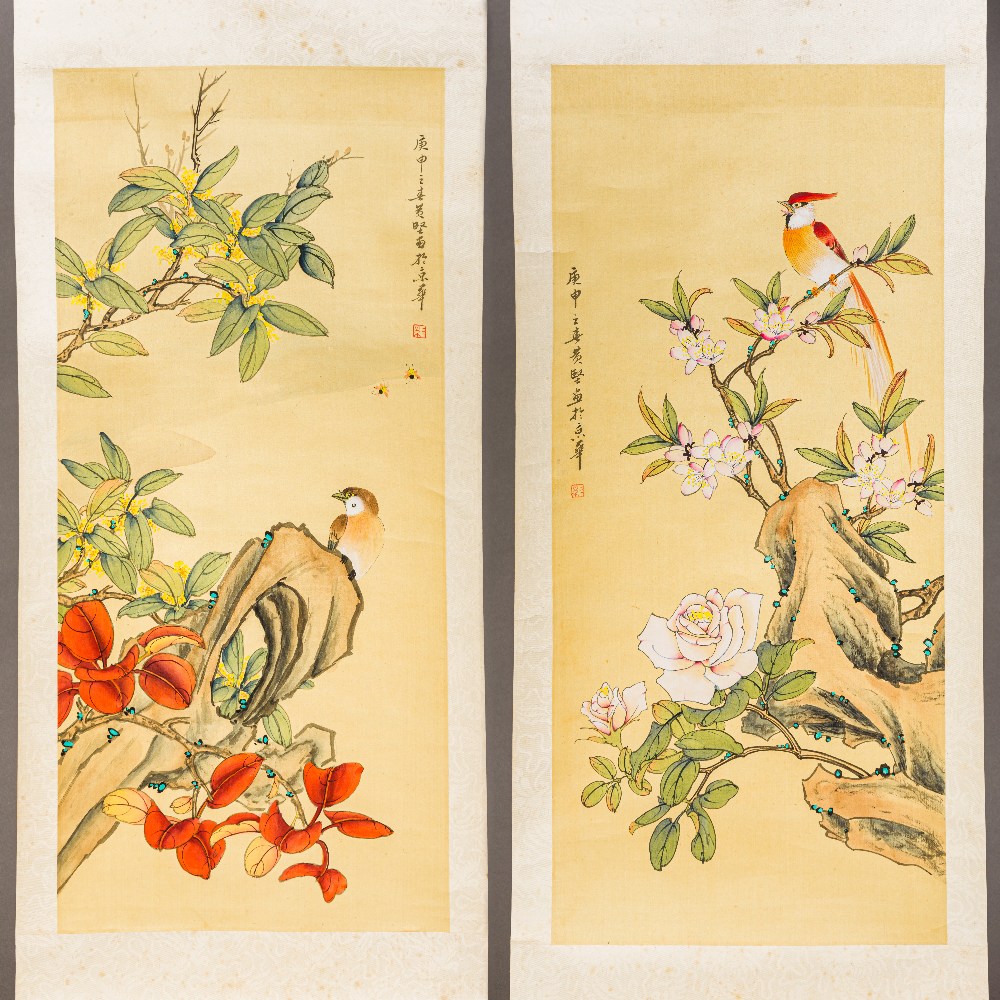 A pair of Chinese scroll paintings on silk Each worked with a bird amongst floral sprays,