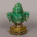 A Chinese carved green quartz censer Of typical form, the removable lid carved with a dog-of-fo,
