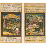 A pair of 19th century Persian manuscript pages Each painted with Hunting Scenes and calligraphy,