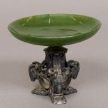 A late 19th/early 20th century unmarked silver and spinach jade tazza,