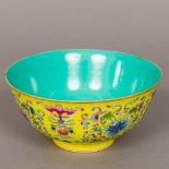 A Chinese porcelain famille jeune bowl With blue glazed interior,