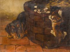 Follower of HENRIETTE RONNER-KNIPP (1821-1909) Dutch Playful Kittens in a Basket with a Terrier