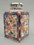 A 19th century Japanese Imari tea canister Of large square section form, mounted with removable lid.