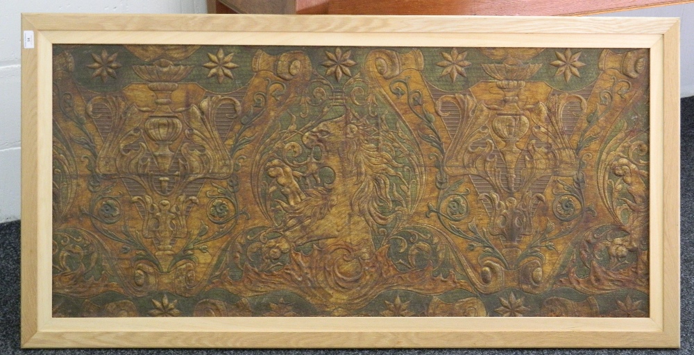 Two 19th century Continental leather panels Each ornately embossed and painted, each framed. - Image 3 of 3