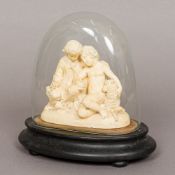 A 19th century carved stone, possibly alabaster, figural group Formed as two children and a sheep,