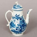 A Worcester blue and white porcelain coffee pot Decorated in the round with birds and foliage in a