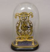 A brass skeleton clock The pierced dial with Roman numerals,