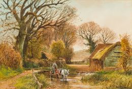 HENRY CHARLES FOX (1855-1929) British Horse Drawn Carriage Amongst Country Landscape Watercolour,