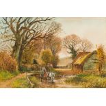 HENRY CHARLES FOX (1855-1929) British Horse Drawn Carriage Amongst Country Landscape Watercolour,