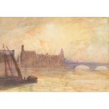 ENGLISH SCHOOL (19th century) Thames Wharf Side Sunset Watercolour, signed with initials M.R.W.