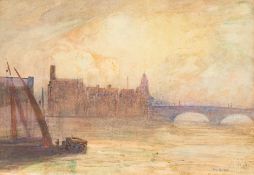 ENGLISH SCHOOL (19th century) Thames Wharf Side Sunset Watercolour, signed with initials M.R.W.