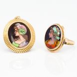 An 18 ct gold ring Set with a limoges enamel roundel depicting a bust of a young lady;