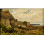 ENGLISH SCHOOL (19th/20th century) Cliff Side Beach Scene Oil on panel, possibly signed V Bell,