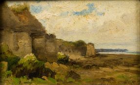 ENGLISH SCHOOL (19th/20th century) Cliff Side Beach Scene Oil on panel, possibly signed V Bell,