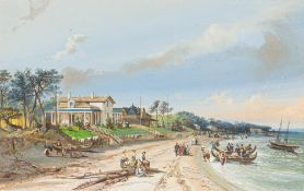 AMERICAN SCHOOL (19th century) Dutch Colonial Settlers Beach Side Scene (possibly Albany,