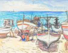 ENGLISH SCHOOL (20th century) Sun Bathers Amongst Fishing Boats Pastel and gouache on paper,