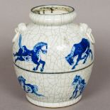 A Chinese 18th/19th century blue and white decorated crackle wear vase Of squat ovoid form,