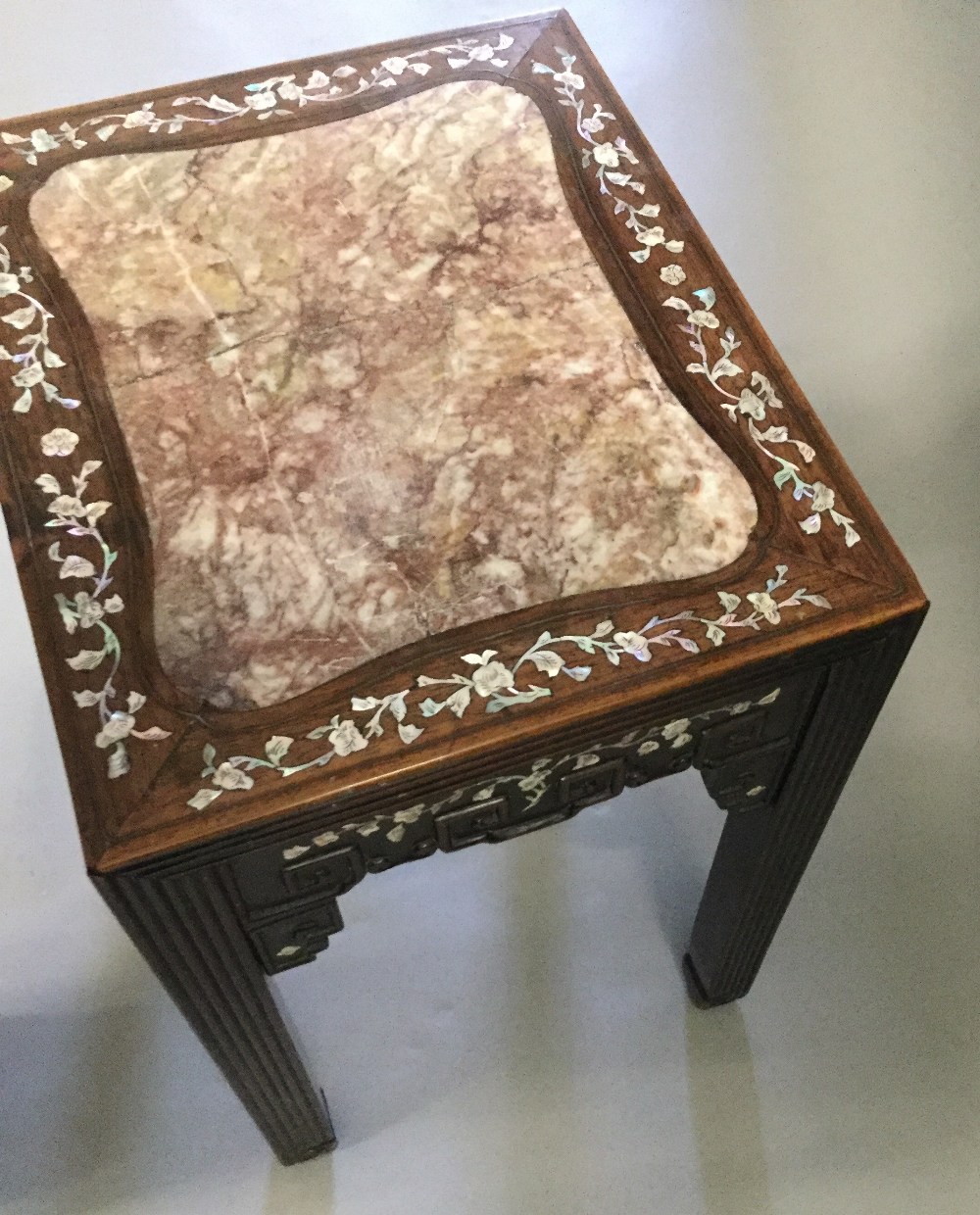 A late 19th century Chinese mother-of-pearl inlaid hardwood stand The rectangular top with marble - Image 4 of 4