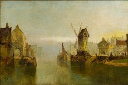 T H GIBB (19th century) British Dutch Harbour Scene with Windmill Oil on canvas,