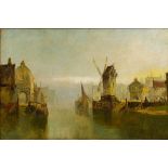 T H GIBB (19th century) British Dutch Harbour Scene with Windmill Oil on canvas,