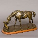 A patinated bronze animalier group Formed as a dog and a horse, mounted on a wooden plinth base.