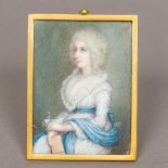 An 18th century portrait miniature on ivory Depicting an elegant lady in a white dress and blue