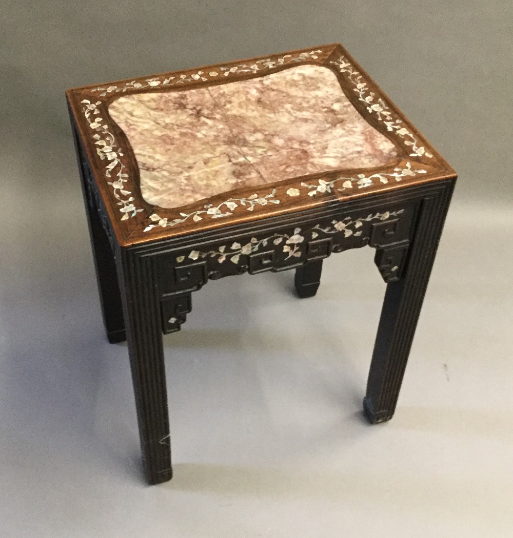 A late 19th century Chinese mother-of-pearl inlaid hardwood stand The rectangular top with marble - Image 2 of 4