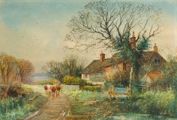 HENRY CHARLES FOX (1855-1929) British Cattle on a Country Path Watercolour, signed and dated 1918,