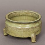 A Chinese crackle glaze porcelain censer Of squat cylindrical form, with all over celadon glaze.