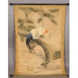 A fine quality 19th century Japanese Meiji period wool work embroidery depicting a hen perched in a