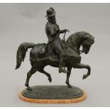 After HUNT Tudor Horseman Bronze, naturalistically modelled on a marble base.