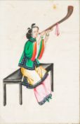 Four 19th century Chinese rice paper pictures Depicting a young lady in various pursuits,