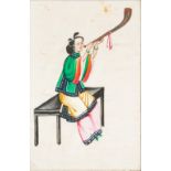 Four 19th century Chinese rice paper pictures Depicting a young lady in various pursuits,